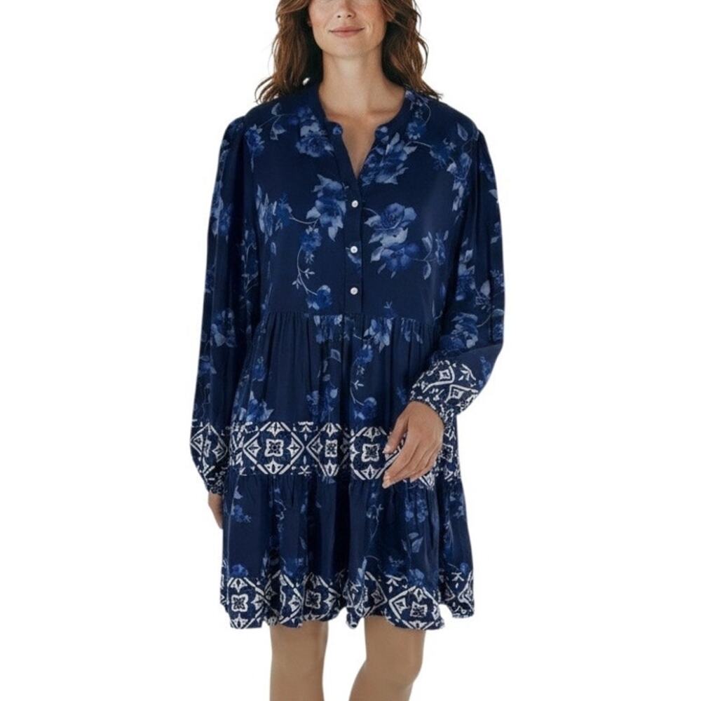 Celina Moon Blue V Neck Long Sleeve White Floral Dress
